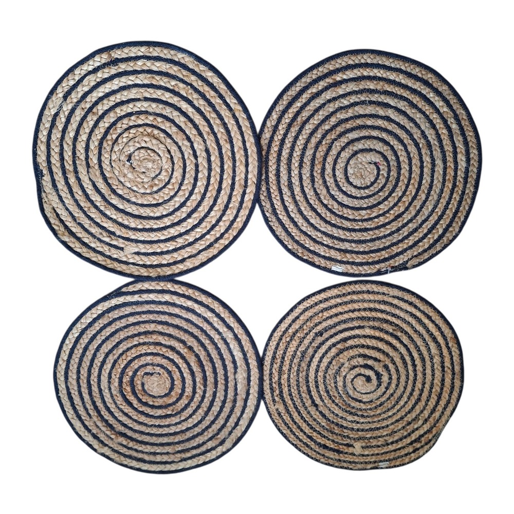 4 Round Braided Jute Placemats Blue Tan 16" Cottagecore Farmhouse Breakfast